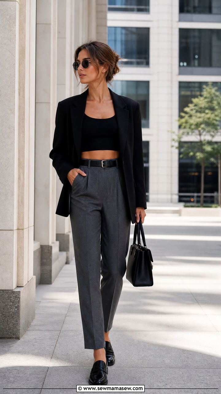 Blazer With Crop Top And High Waisted Trousers - 20 crop top with high waisted trousers outfit ideas