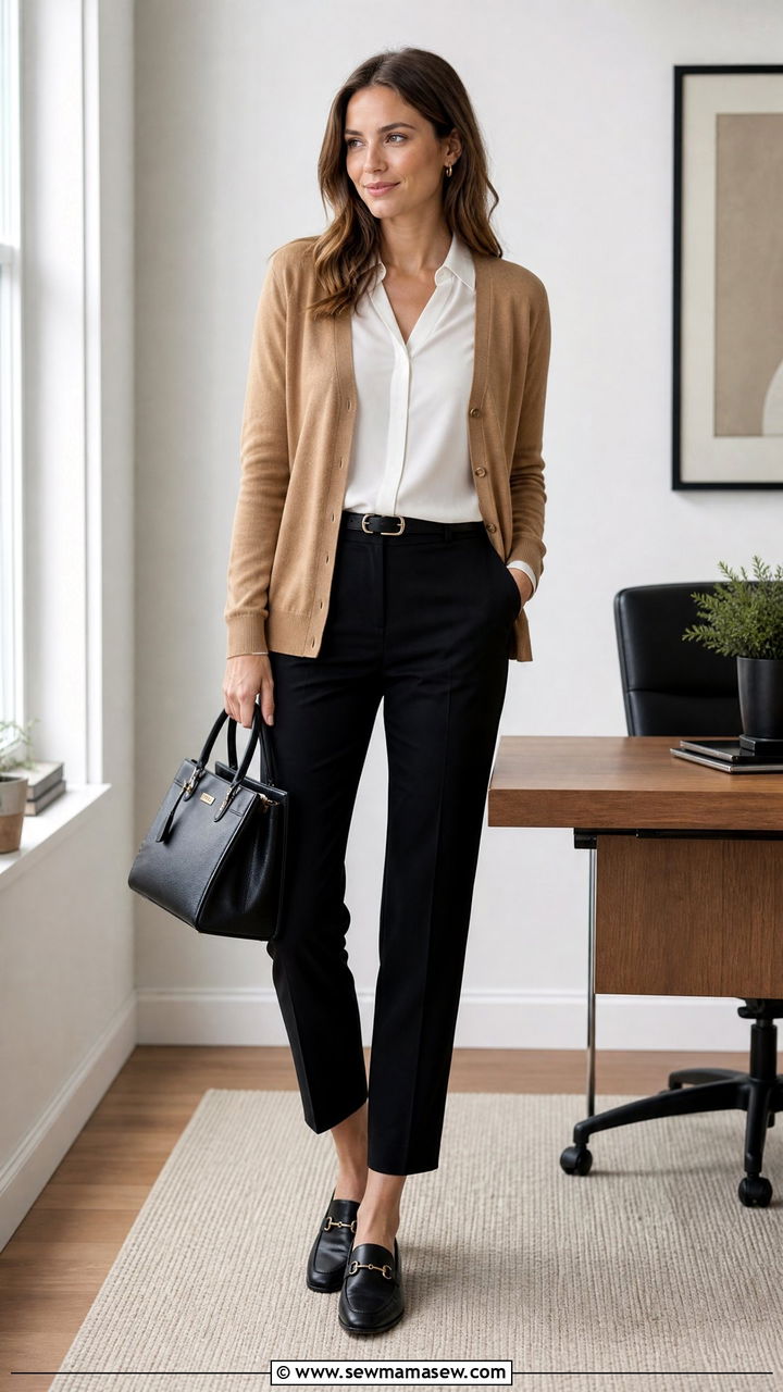 Blouse With Cardigan And Trousers - 20 work blouse outfit ideas