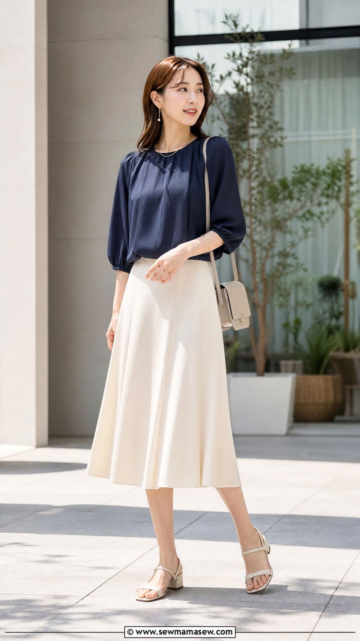 Blouson Top With Midi Skirt - 20 tops to hide belly outfit ideas