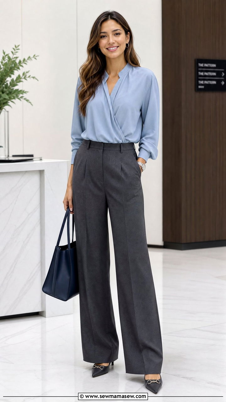Blue Blouse With Gray Trousers - 20 work blouse outfit ideas