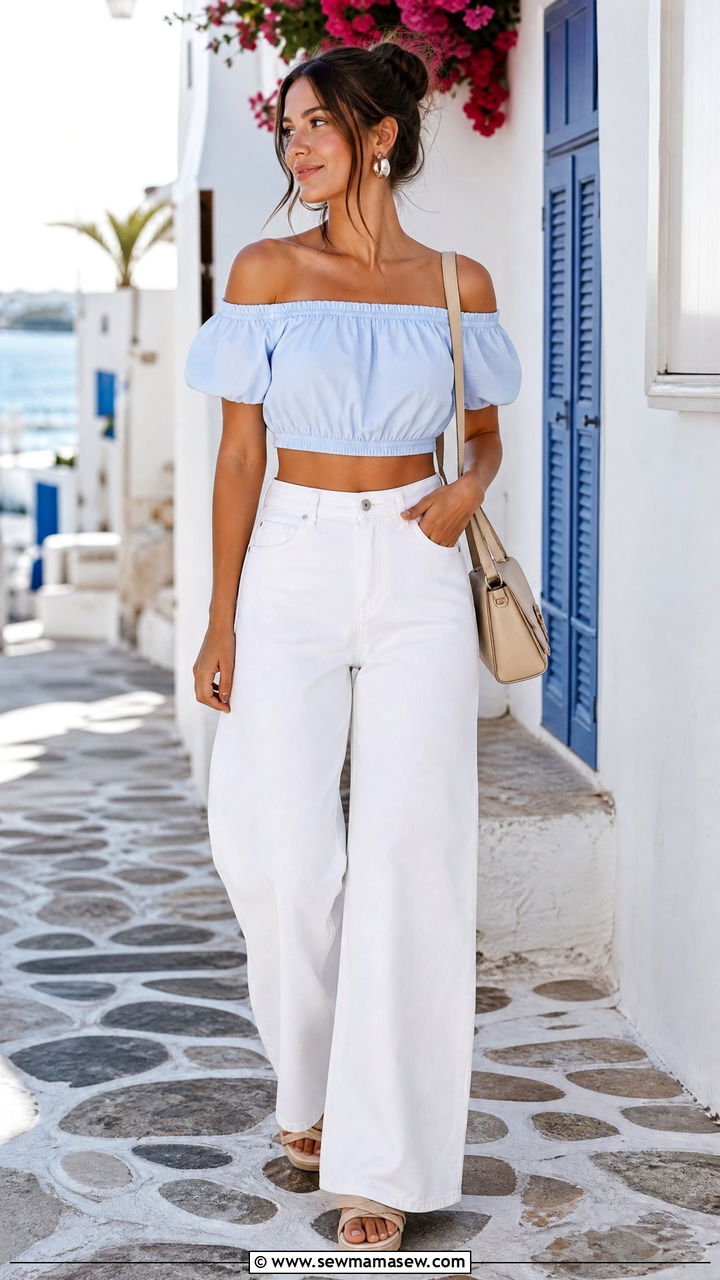 Blue Off Shoulder Crop Top With White Wide Leg Jeans - 20 off shoulder crop top summer outfit ideas