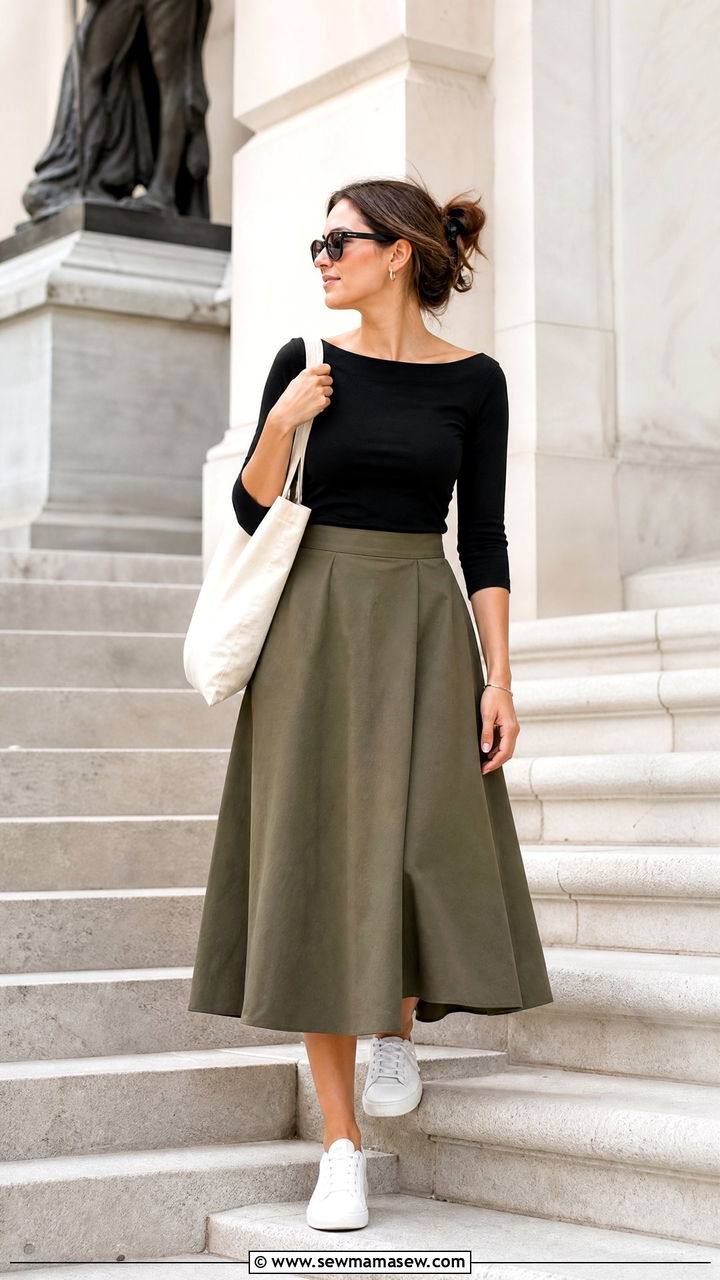 Boat Neck Top With Midi Skirt And Sneakers - 20 boat neck top outfit ideas
