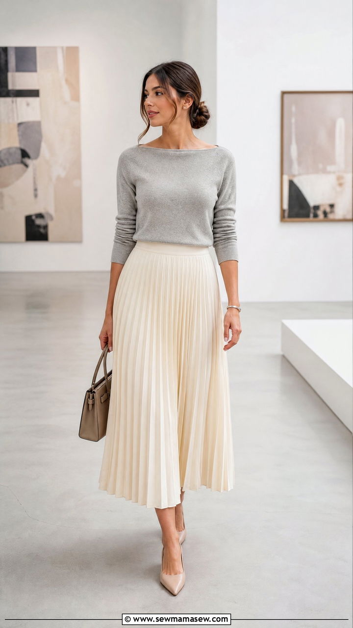Boat Neck Top With Pleated Skirt - 20 boat neck top outfit ideas