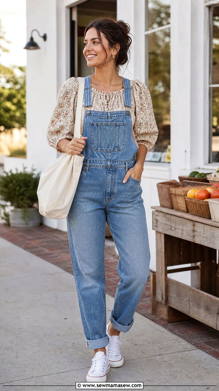 Boho Blouse With Denim Overalls - 20 boho top outfit ideas