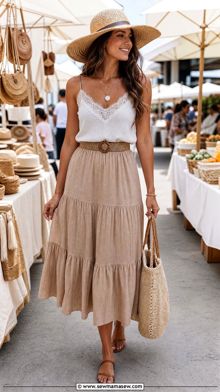 Boho Tank Top With Tiered Midi Skirt - 20 boho top outfit ideas