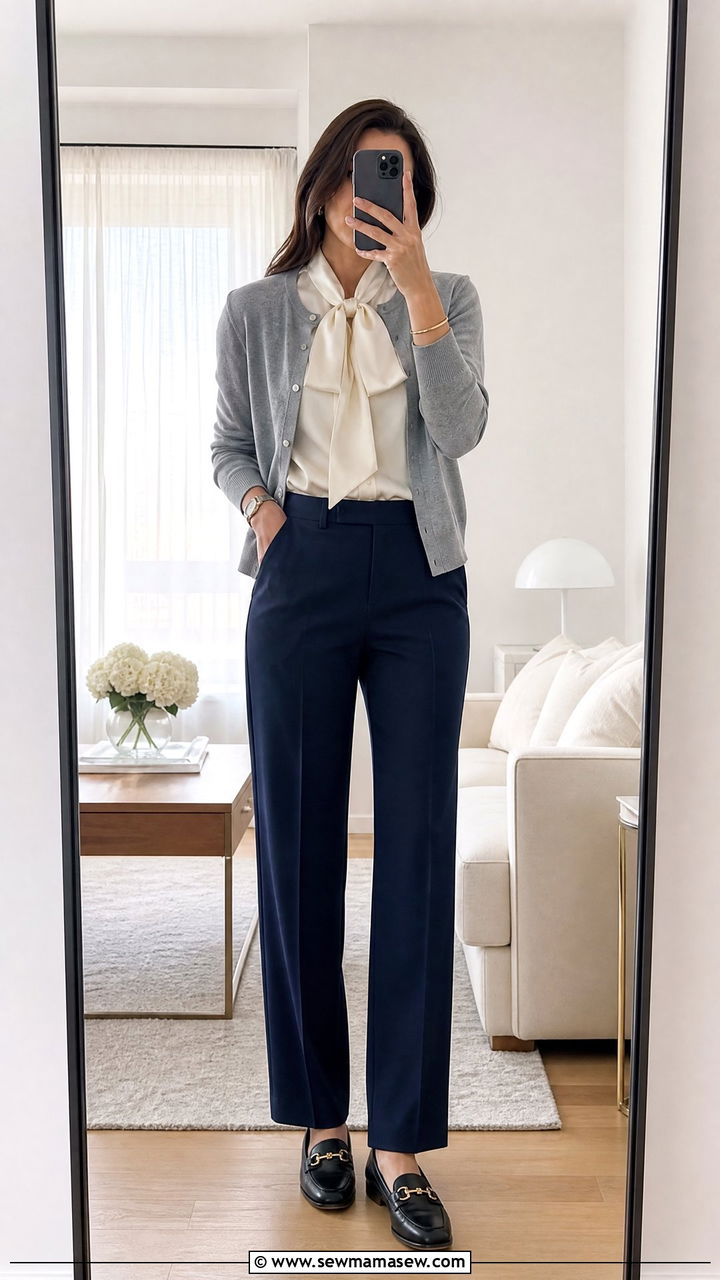 Bow Blouse With Cardigan And Trousers - 20 bow blouse outfit ideas