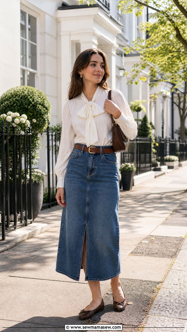 Bow Blouse With Denim Skirt - 20 bow blouse outfit ideas