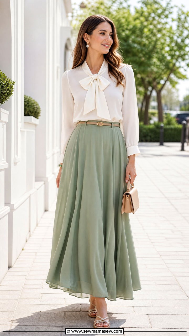 Bow Blouse With Maxi Skirt - 20 bow blouse outfit ideas