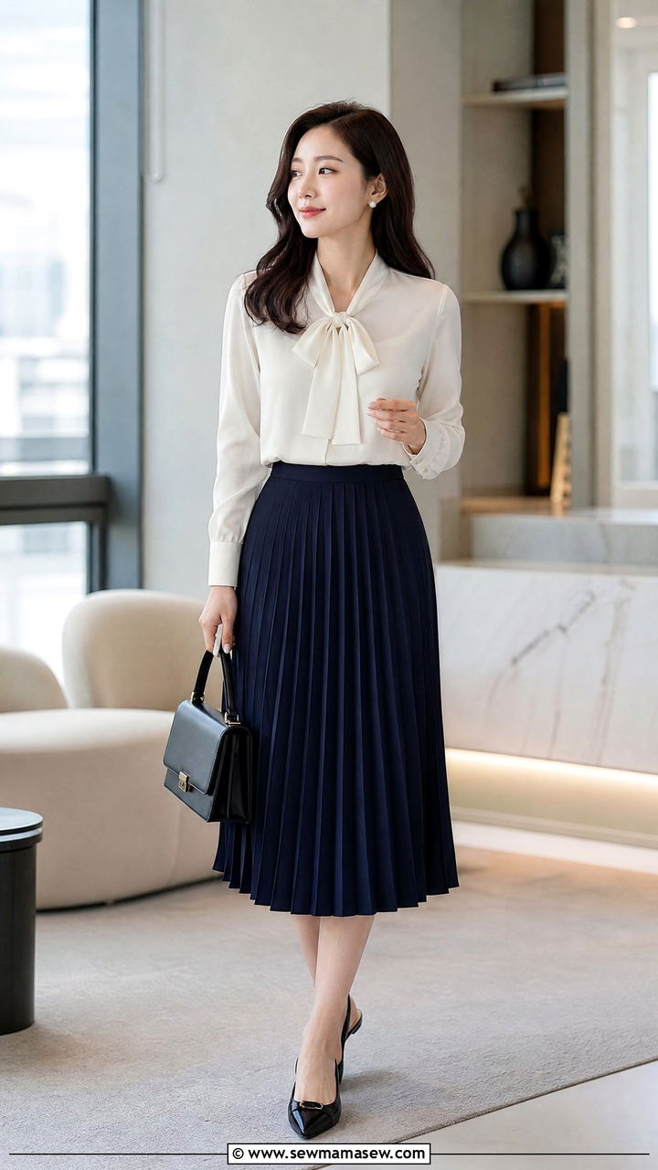 Bow Blouse With Pleated Midi Skirt - 20 office tops outfit ideas