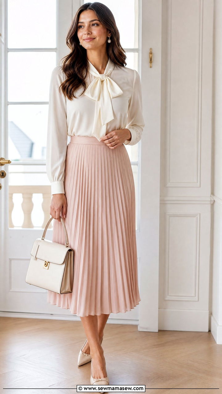 Bow Blouse With Pleated Skirt Outfit - 20 feminine top outfit ideas