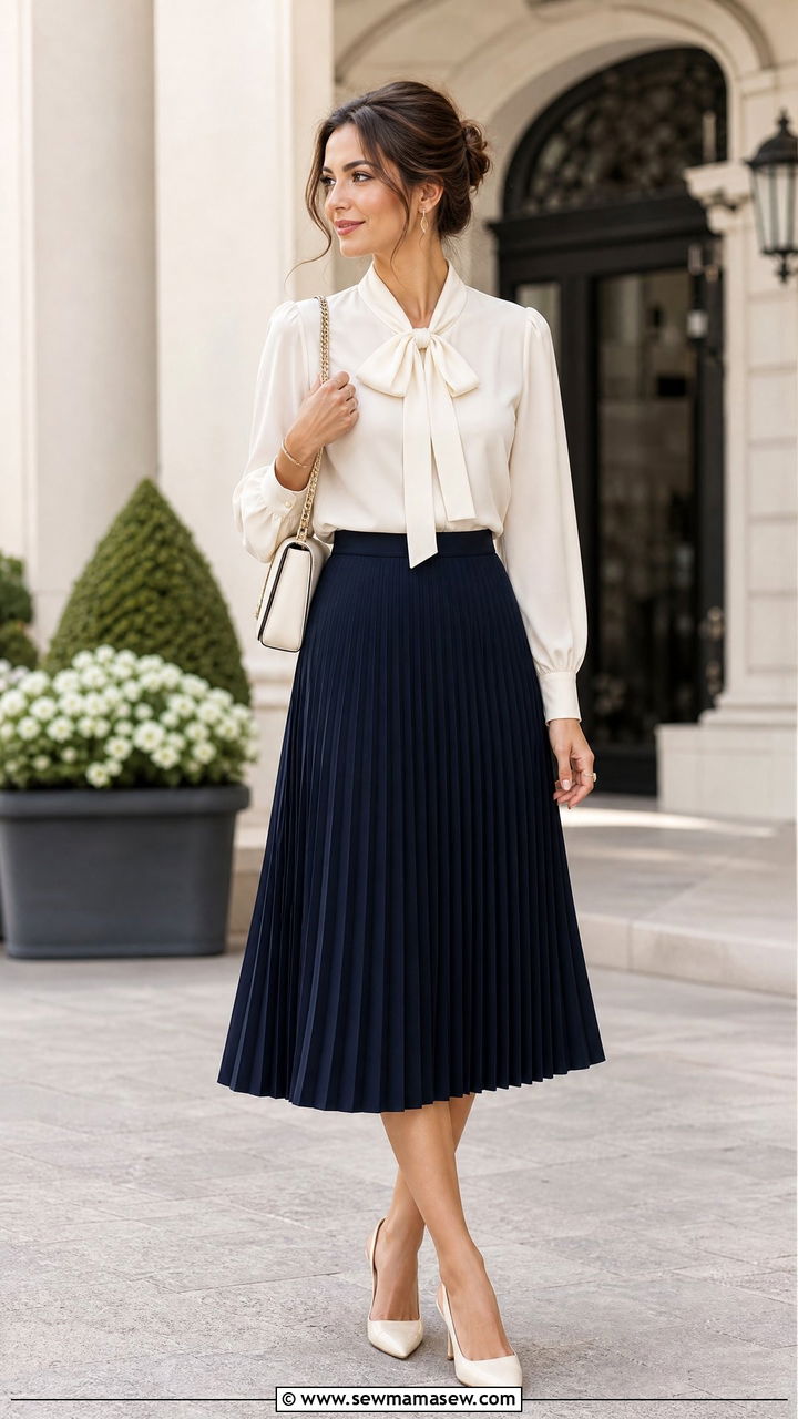 Bow Blouse With Pleated Skirt Outfit - 20 dressy top outfit ideas