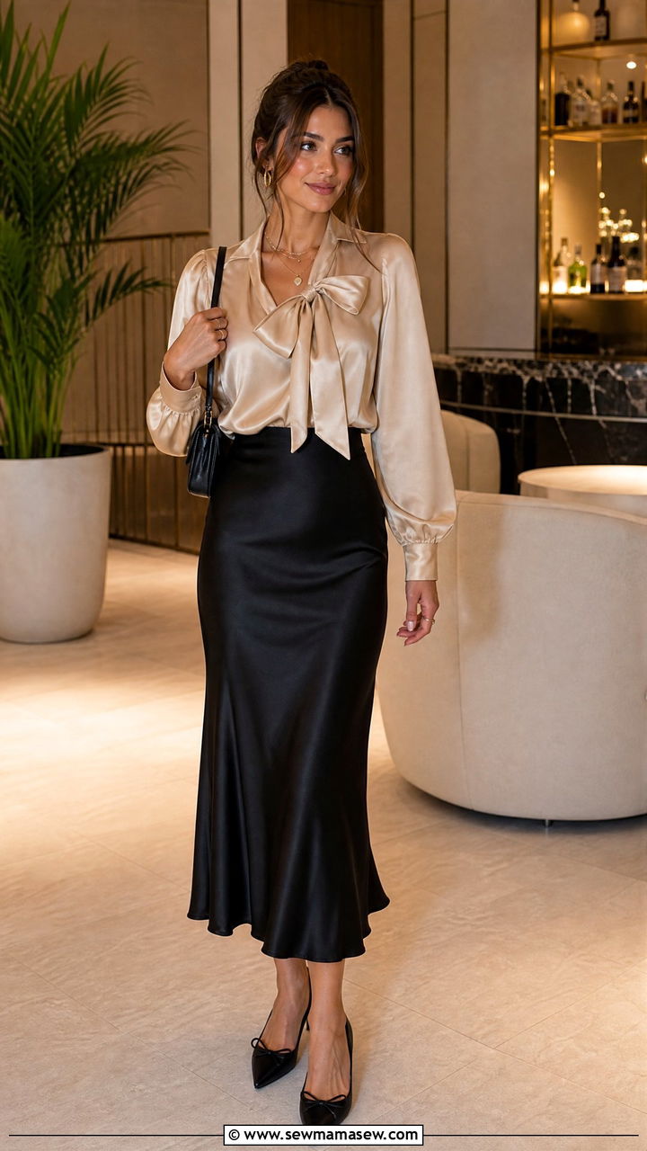 Bow Blouse With Slip Skirt - 20 bow blouse outfit ideas