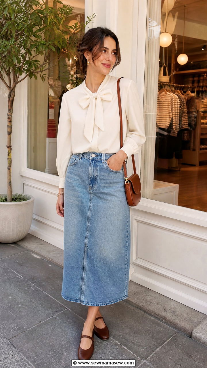 Bow Detail Top With Denim Midi Skirt - 20 trendy tops outfit ideas 2026