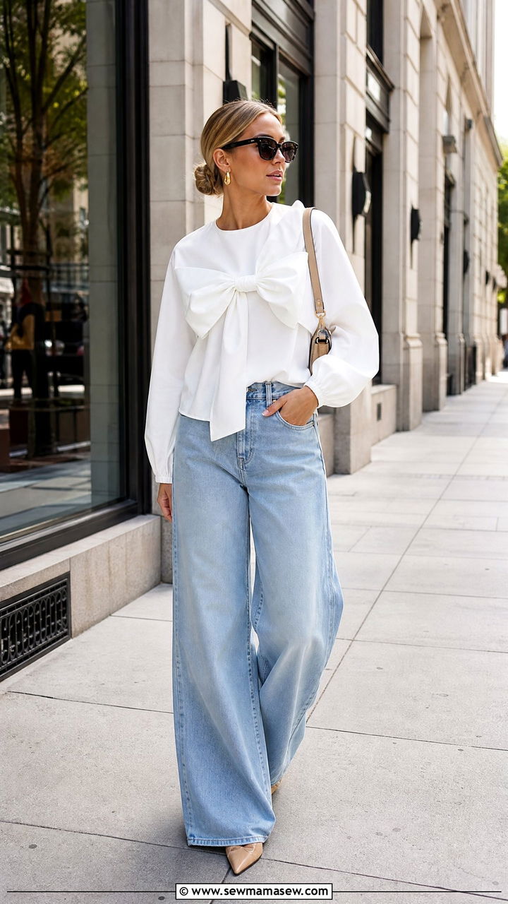 Bow Statement Top With Wide Leg Jeans Outfit - 20 statement top outfit ideas