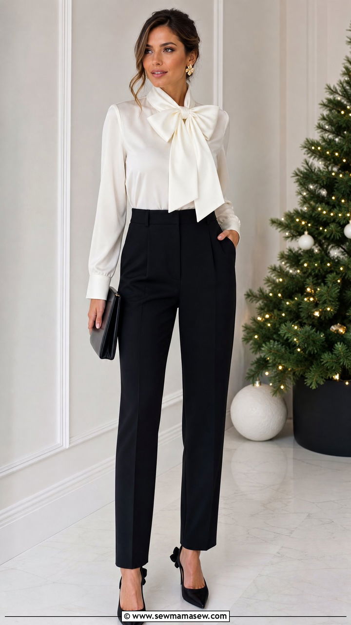 Bow Top With Tailored Trousers - 20 holiday party top outfit ideas