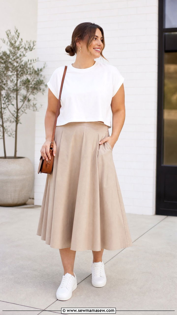 Boxy Crop Top With A Line Midi Skirt - 20 crop top outfits for apple shape