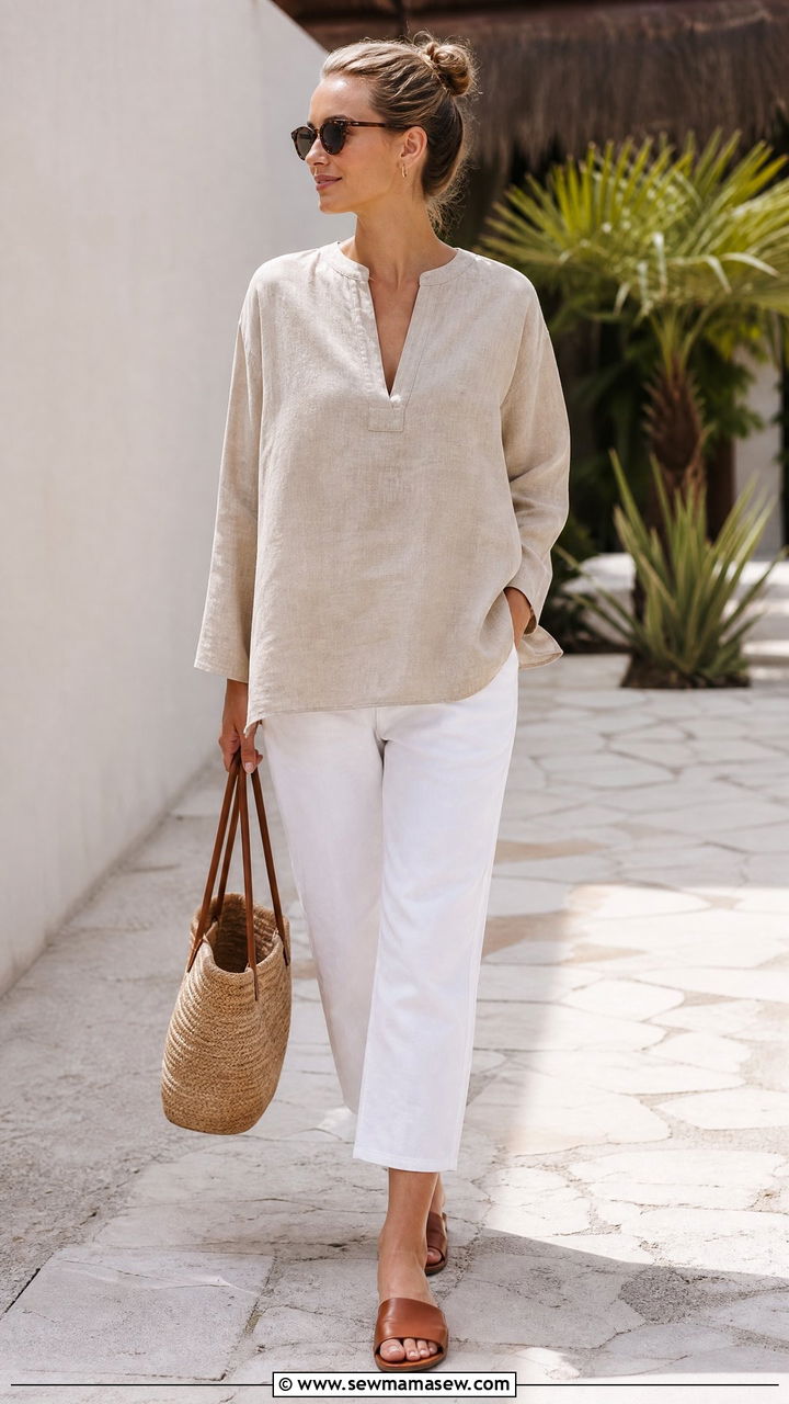 Boxy Linen Top With Cropped Pants - 20 tops to hide belly outfit ideas