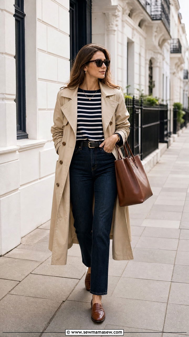 Breton Top And Trench Coat Outfit - 20 old money top outfit ideas
