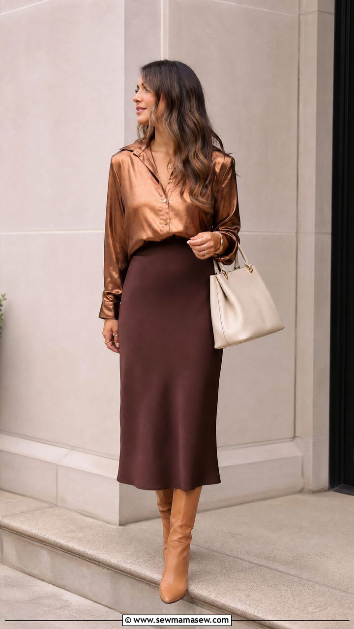 Bronze Metallic Top With Brown Skirt - 20 metallic top outfit ideas