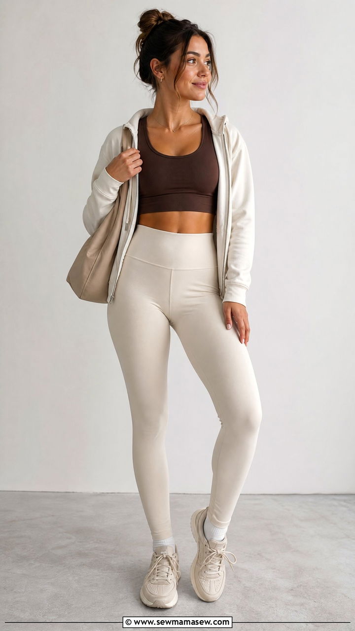 Brown Crop Top And Cream Leggings - 20 crop top gym outfit ideas