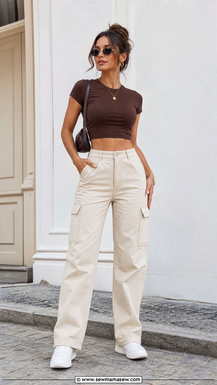 Brown Crop Top With Beige Cargo Pants - 20 clean girl summer crop top outfit ideas