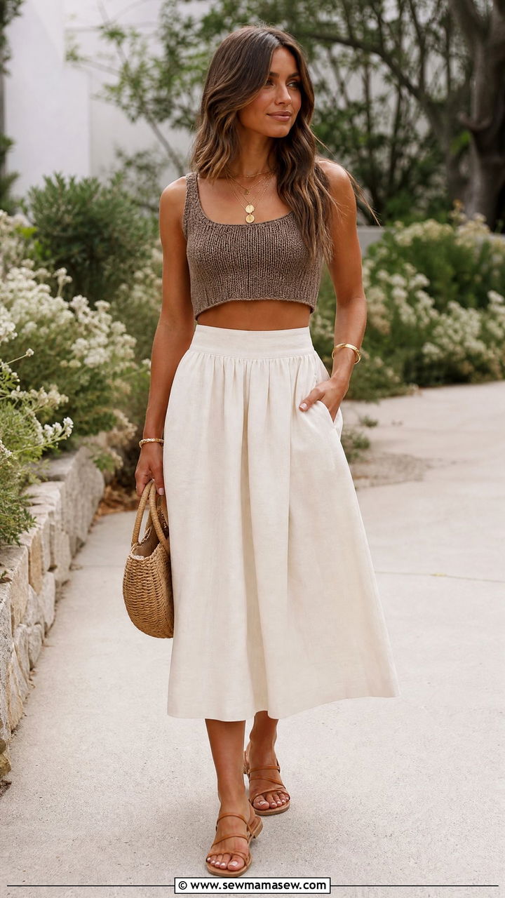 Brown Knit Crop Top With Cream Skirt - 20 knit crop top summer outfit ideas