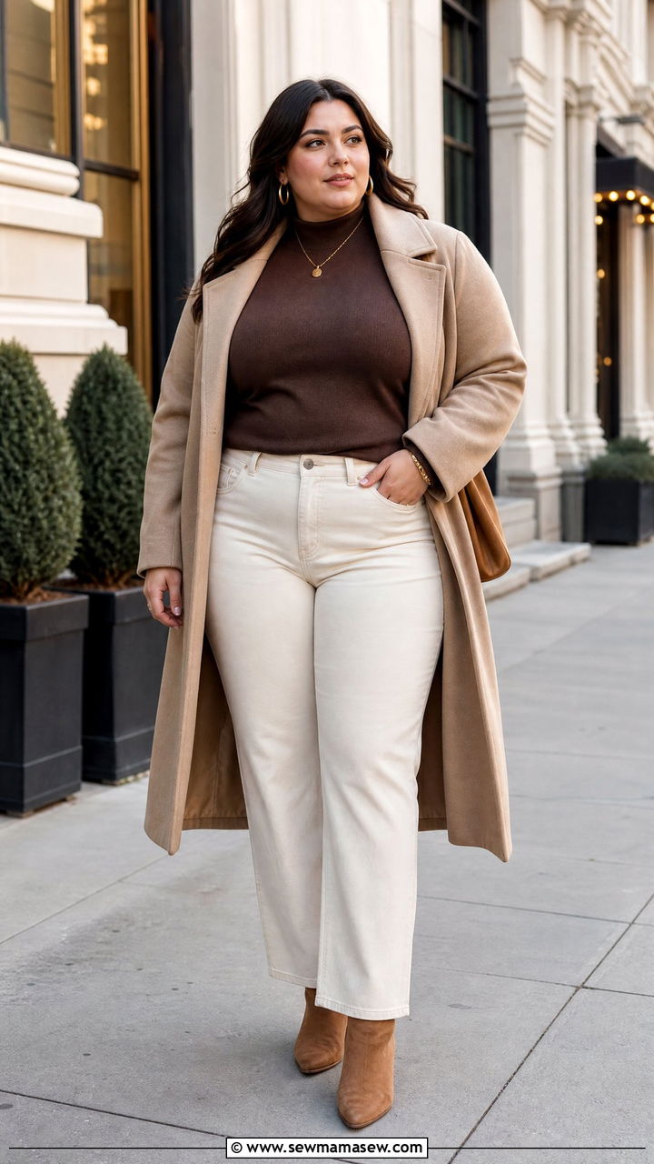 Brown Mock Neck Sweater With Cream Jeans - 20 plus size mock neck sweater outfit ideas