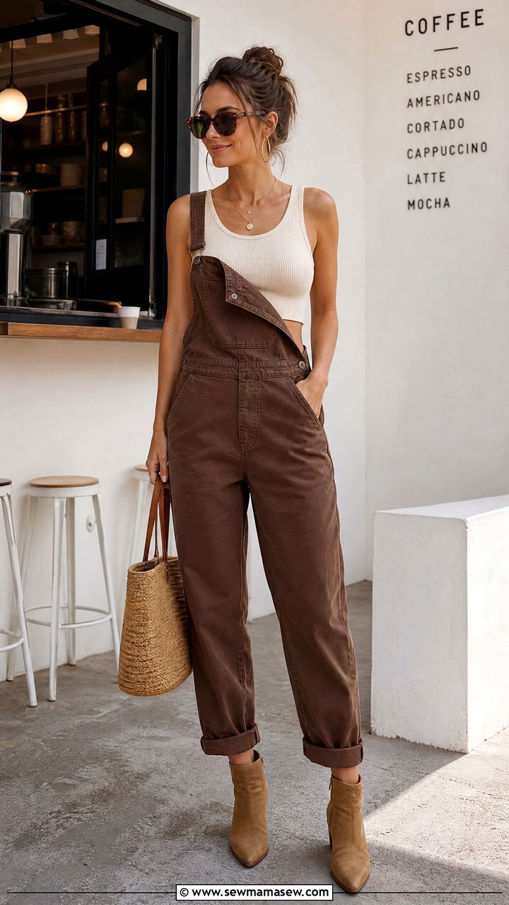 Brown Overalls With Cream Crop Top - 20 crop top with overalls outfit ideas