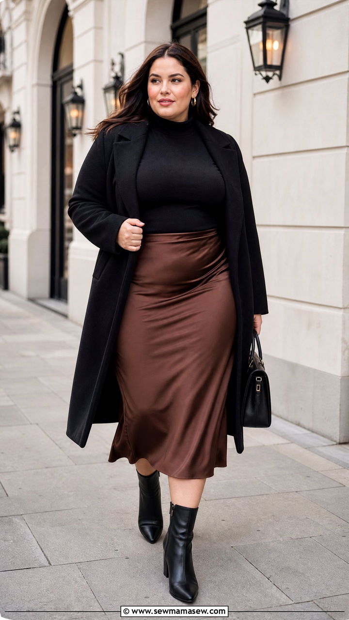 Brown Satin Skirt With Black Turtleneck - 20 plus size satin skirt outfit ideas