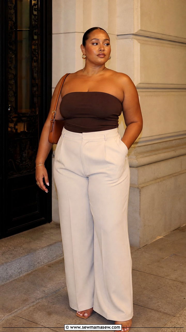 Brown Tube Top Outfit With Cream Trousers - 20 plus size going out tube top outfit ideas