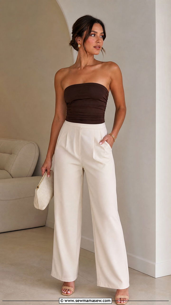 Brown Tube Top With Cream Pants - 20 going out tube top outfit ideas