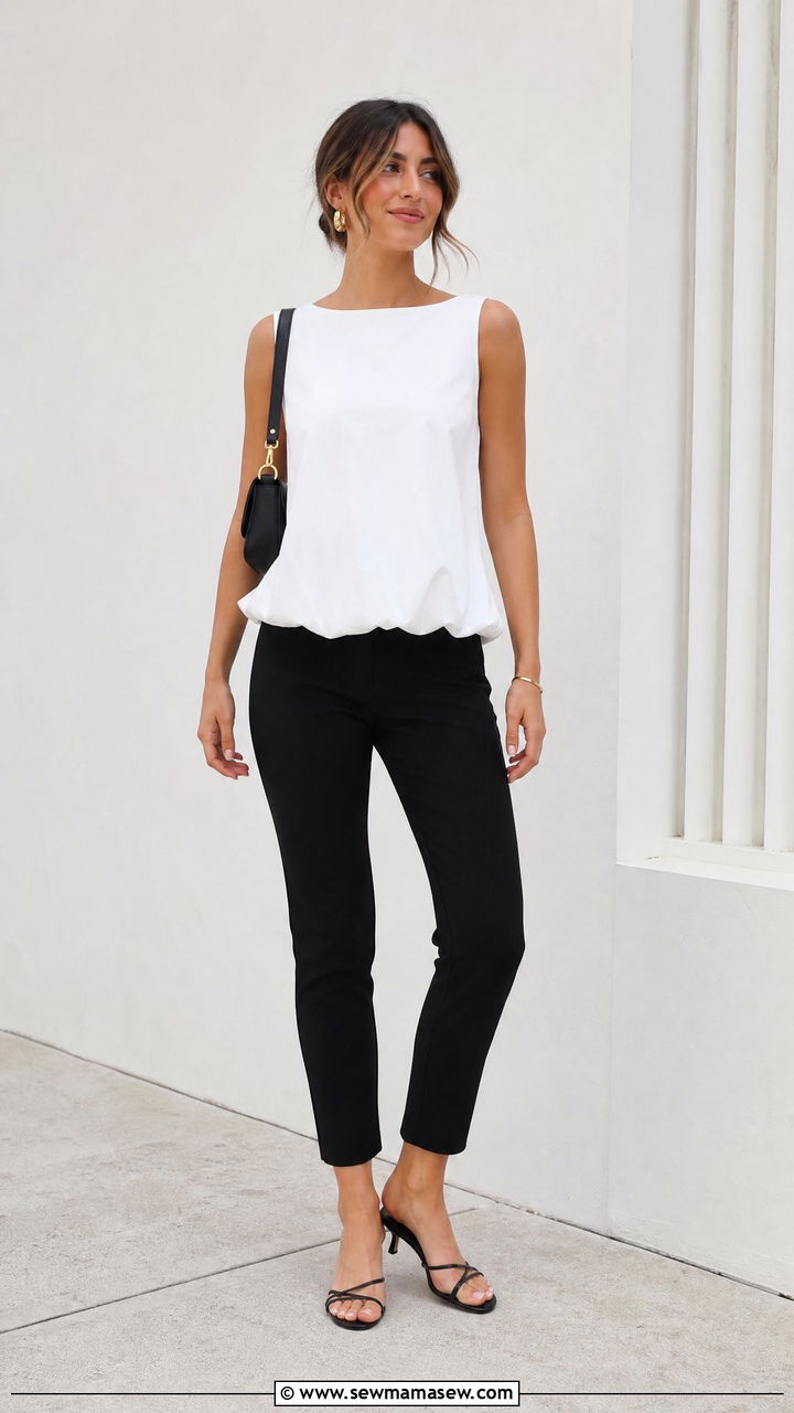 Bubble Hem Top With Slim Pants - 20 trendy tops outfit ideas 2026