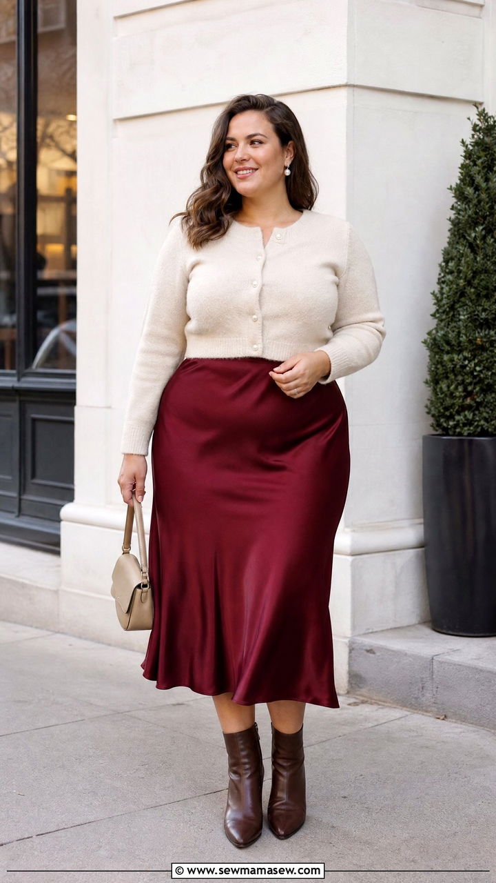 Burgundy Satin Skirt With Cream Cardigan - 20 plus size satin skirt outfit ideas
