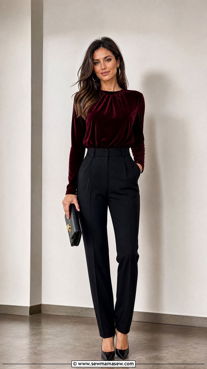 Burgundy Velvet Top With Black Trousers - 20 velvet top outfit ideas