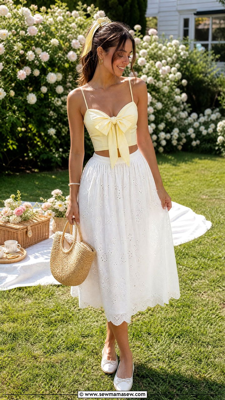 Butter Yellow Crop Top With Eyelet Skirt - 20 coquette summer crop top outfit ideas