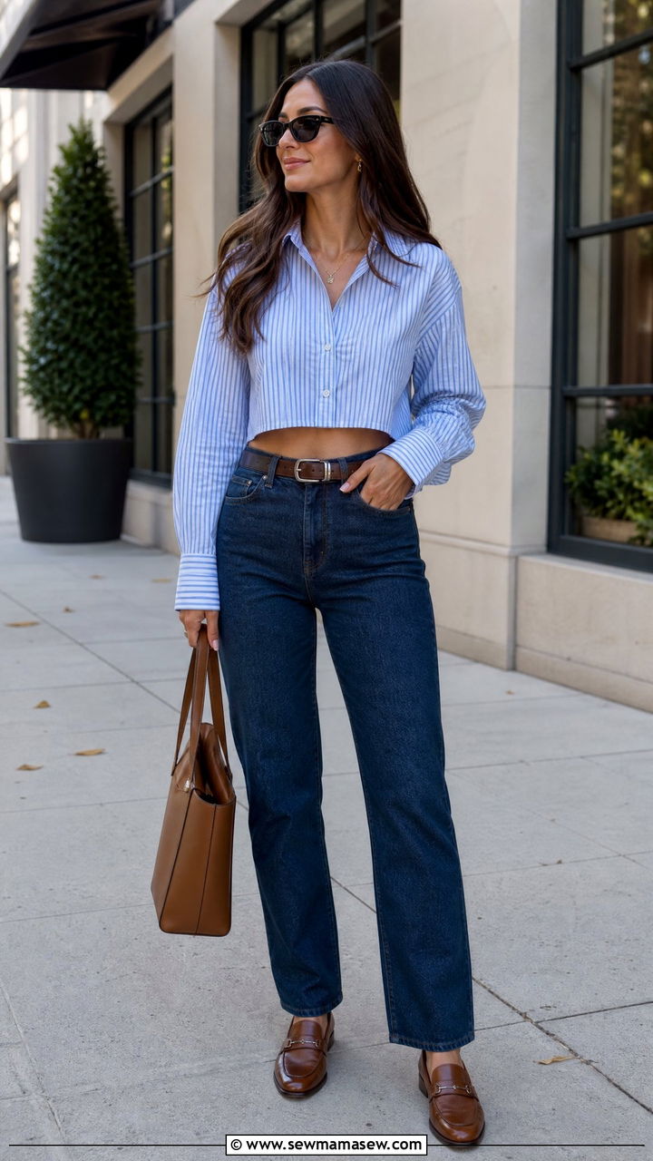 Button Down Crop Top With Straight Leg Jeans - 20 crop top with straight leg jeans outfit ideas