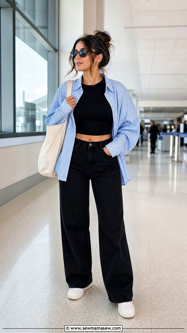Button Down Shirt With Crop Top And Black Jeans - 20 crop top with black jeans outfit ideas