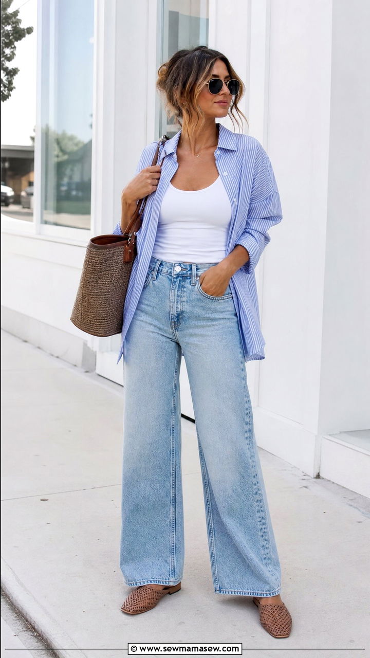 Button Down Shirt With Wide Leg Jeans Outfit - 20 cute summer tops outfit ideas