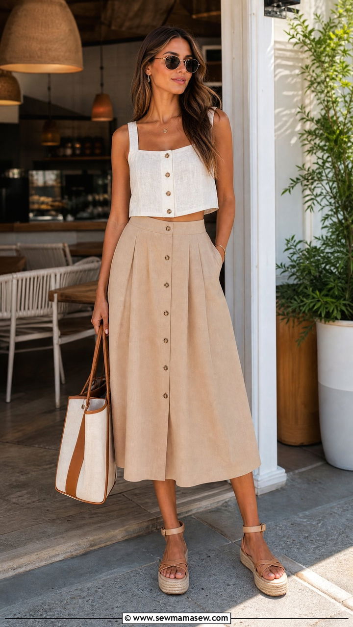 Button Front Crop Top And A Line Skirt Outfit - 20 summer crop top and skirt outfit ideas