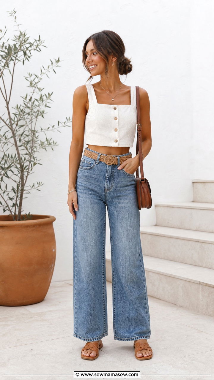 Button Front Crop Top And High Waisted Jeans - 20 crop top and high waisted jeans outfit ideas