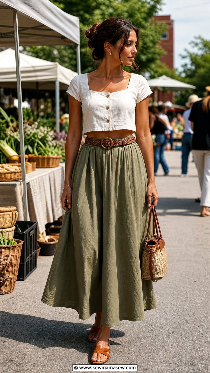 Button Front Crop Top And Maxi Skirt Outfit - 20 summer crop top and maxi skirt outfit ideas