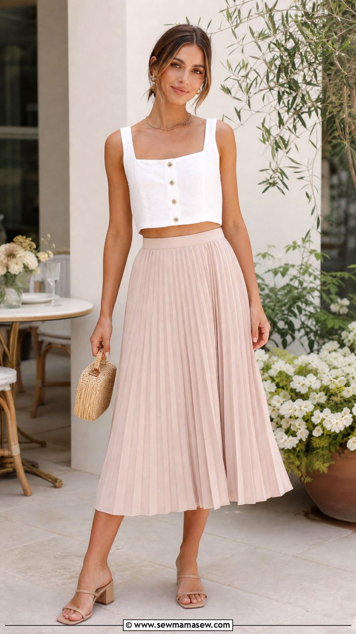 Button Front Crop Top And Pleated Midi Skirt Outfit - 20 crop top and pleated skirt outfit ideas