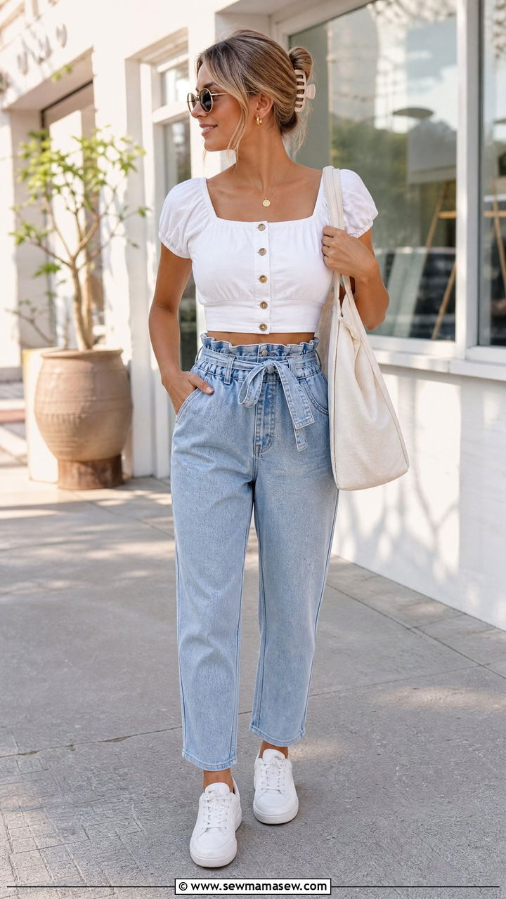 Button Front Crop Top With Denim Paperbag Waist Pants - 20 crop top with paperbag waist pants outfit ideas