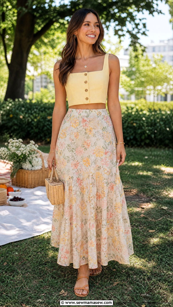 Button Front Crop Top With Floral Maxi Skirt Outfit - 20 crop top with floral maxi skirt outfit ideas
