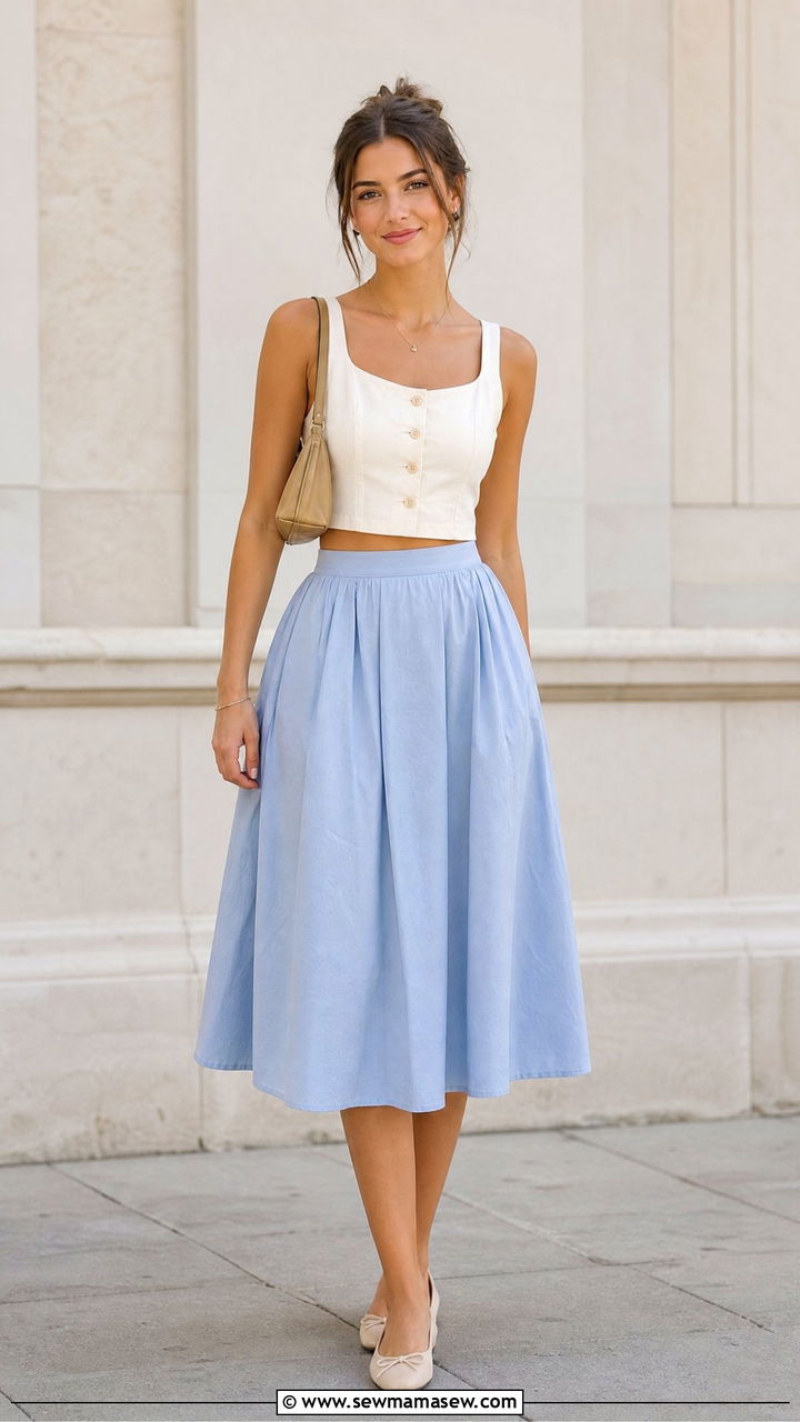 Button Front Crop Top With Midi Skirt - 50 crop tops for summer