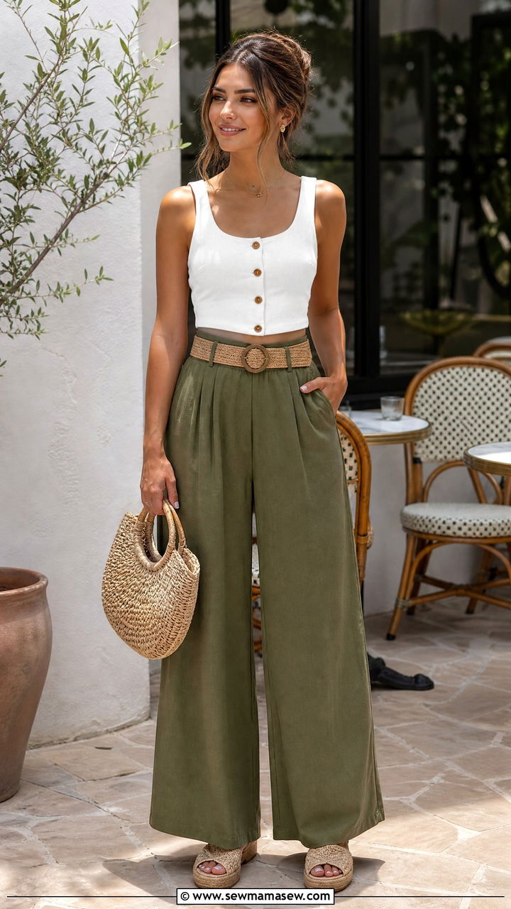 Button Front Crop Top With Palazzo Trousers - 20 crop top with palazzo trousers outfit ideas