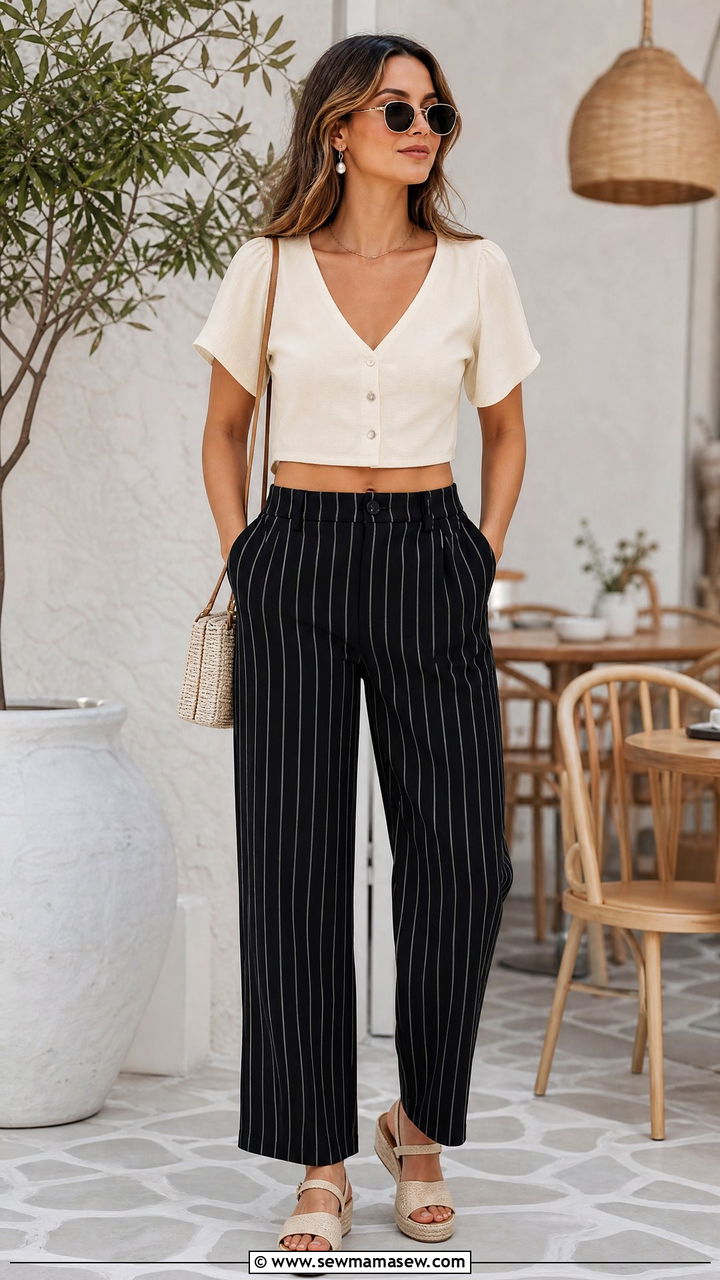 Button Front Crop Top With Striped Pants - 20 crop top with striped pants outfit ideas