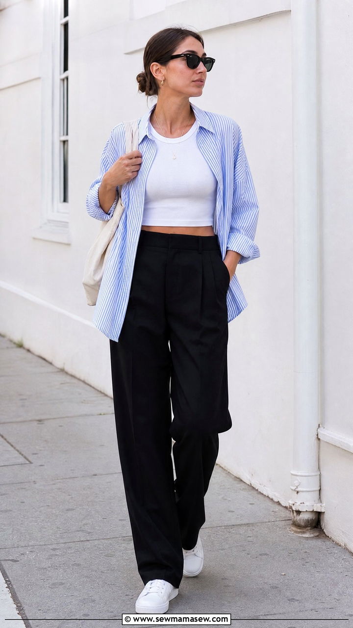 Button Up Shirt With Crop Top And Black Trousers - 20 crop top with black trousers outfit ideas