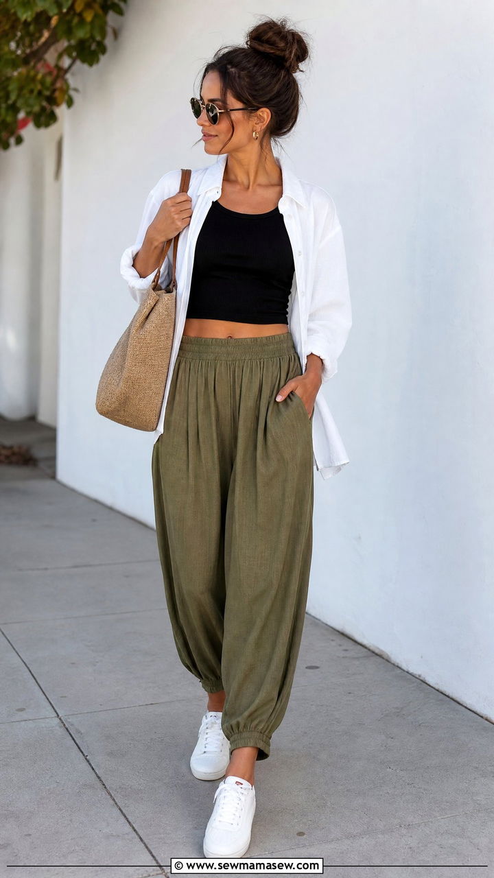 Button Up Shirt With Crop Top And Harem Pants - 20 crop top with harem pants outfit ideas