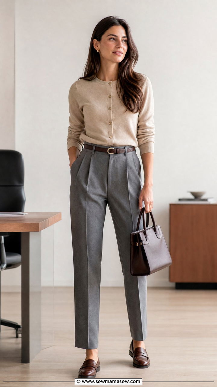 Buttoned Cardigan With Tailored Trousers - 20 cardigan outfit ideas
